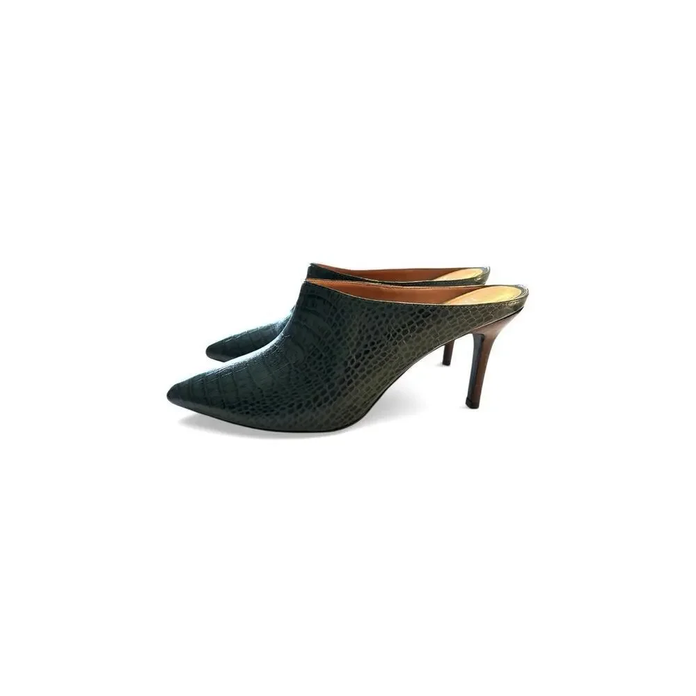 Barneys New York Green Snakeskin Pointy Toe Mules Heels Clogs SZ 9B - Picture 6 of 8